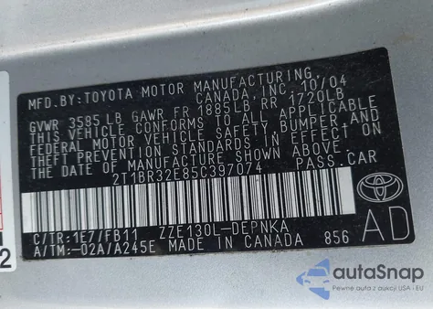 2005 Toyota Corolla Ce/Le/S z USA, uszkodzony, nr VIN 2T1BR32E85C397074